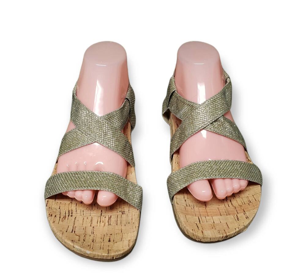 White Mountain Cork Silver & Gold Elastic Strap Open Toe Sandals Shoes Size 9.5